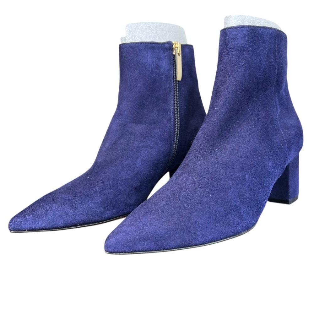 NWOB L’AGENCE Blue Suede Pointed Toe Block Heel Booties Size 37 US 7
